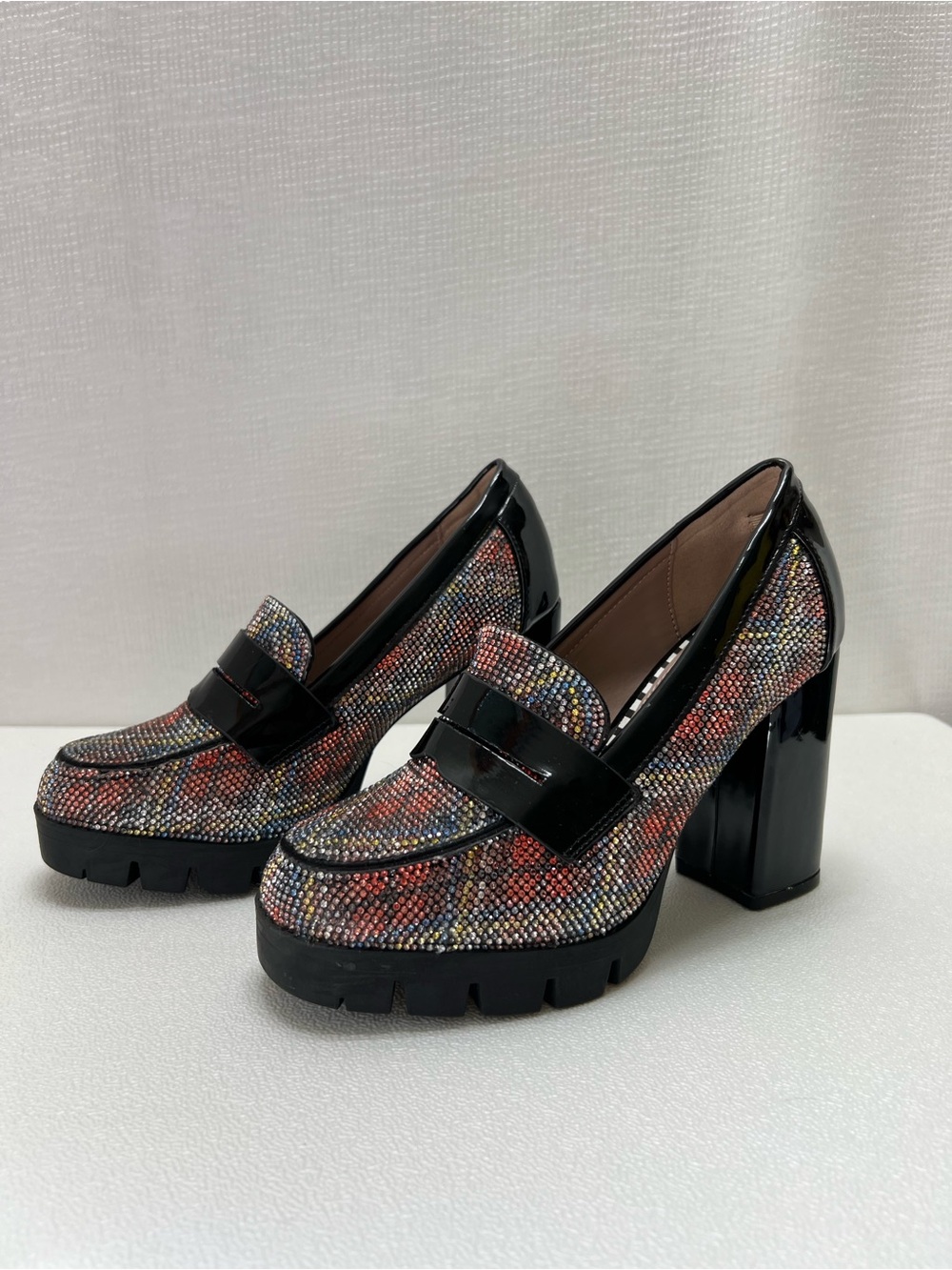 Betsey Johnson Multicolor Rhinestone Chunky Heel Loafers